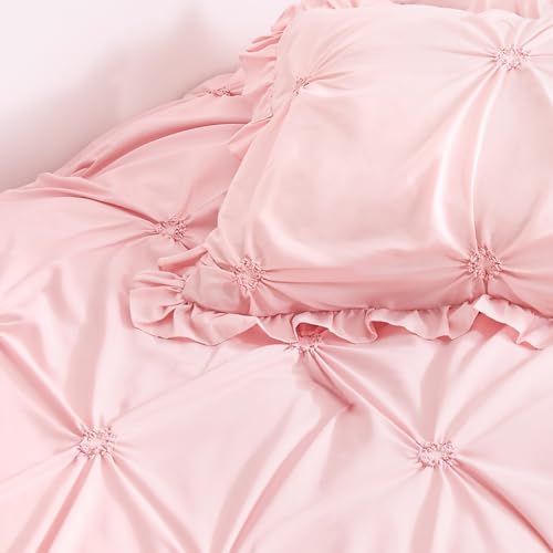Image of Twin Comforter Set for Girls, Boho Pintuck Bedding Comforter Sets, 4 Pieces Ruffles Jacquard Embroidery Twin Bedding Sets with Comforter, Fitted Sheet, Flat Sheet and Pillowcase, Pink