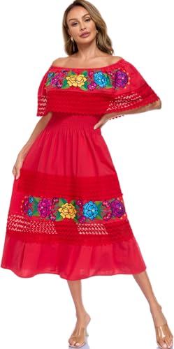 Image of YZXDORWJ Women Embroidered Mexican Peasant Casual Sexy Lace Off-Shoulder Long Dress