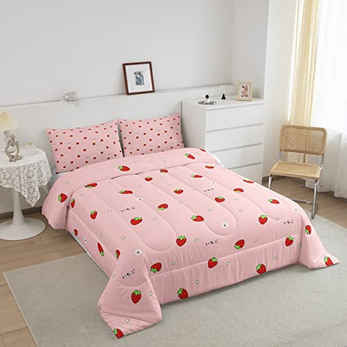 Erosebridal Cute Strawberry Comforter Set Queen Kawaii Japanese Bedding Set, Red Reversible Soft Sweet Cartoon Fruit Duvet Set For Girls Kids Gift Pink Warm Down Comforter Room Decor #TOP2