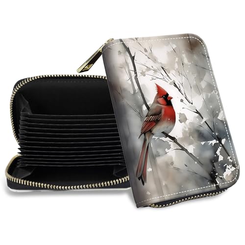 Credit Card Holder with Zipper, Slim RFID Blocking Card Wallet for Women Men Art Red Cardinal Birds Design PU Leather Small Accordion Card Case Wallet, ID Card Organizer, Pocket Business Card Case