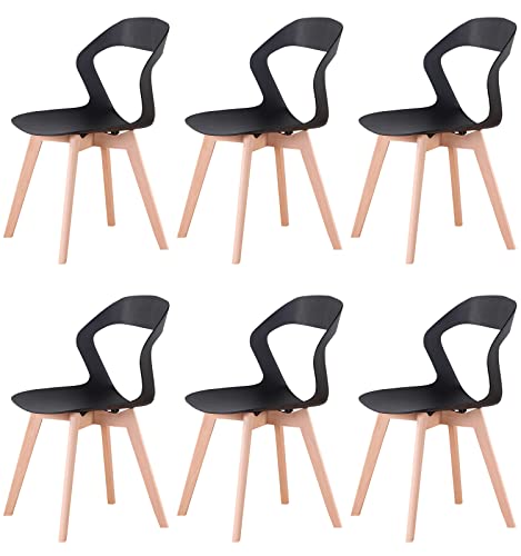 I LOVE FACE Juego de 6 sillas de comedor modernas de plástico con patas de madera de haya maciza, dormitorio, oficina,...