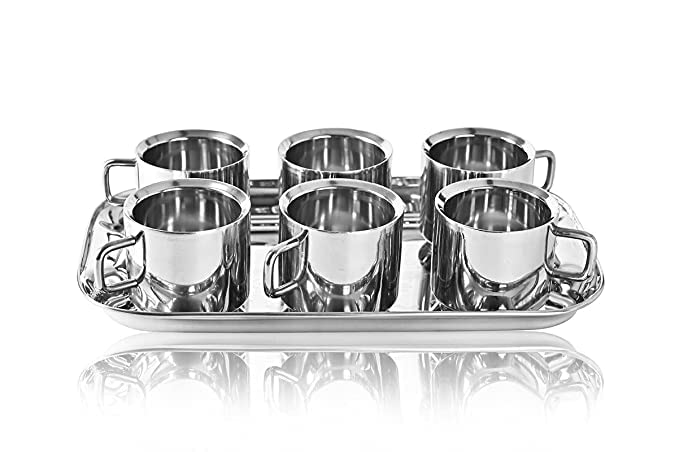 Buy Stainless Steel Tea and Coffee Cups 60 ml with Serving Tray - Set