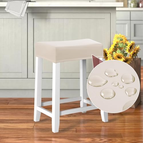 Image of YISUN Stool Covers Rectangle - 4 Pack Stretch Waterproof Saddle Seat Cover Counter Bar Stools Bar Chairs Covers Kitchen Island Chairs Cushion Protector (4, Pu Leather-Beige)