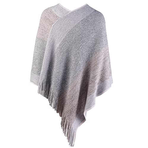 Image of Women's Elegant Knitted Shawl Poncho with Fringed V-Neck Striped Sweater Pullover Cape Gifts for Women Mom