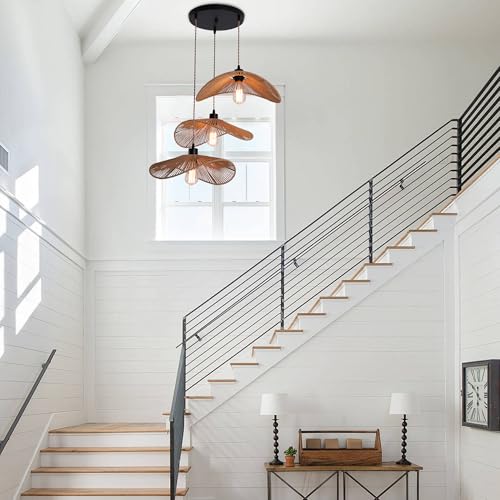 Oninio Staircase Rattan Pendant Light Boho Hanging Light 3-Lights Handmade Pendant Light Fixture Adjustable Farmhouse 3 Shade Chandelier for Living Room Dining Room Kitchen Bar Coffee Foyer Hallway