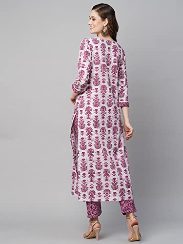 Image of GoSriKi Women's Cotton Blend Printed Straight Kurta with Pant (Navya Pink-GS)