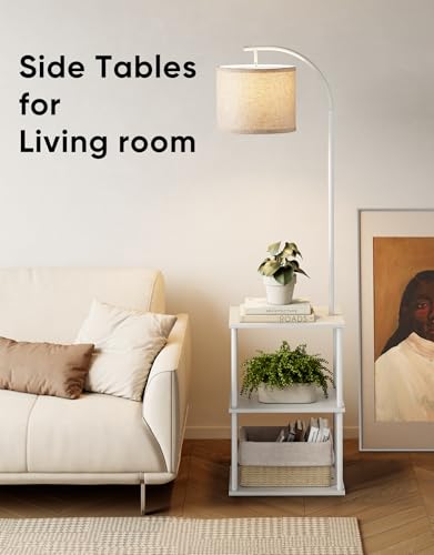 Image of PARTPHONER Floor Lamp with Table, Night Stand with Lamp, Narrow Side Table with 3CCT LED Bulb, Small Coffee Table, Modern End Table with Storage Shelves for Living Room Bedroom Home Decor, White