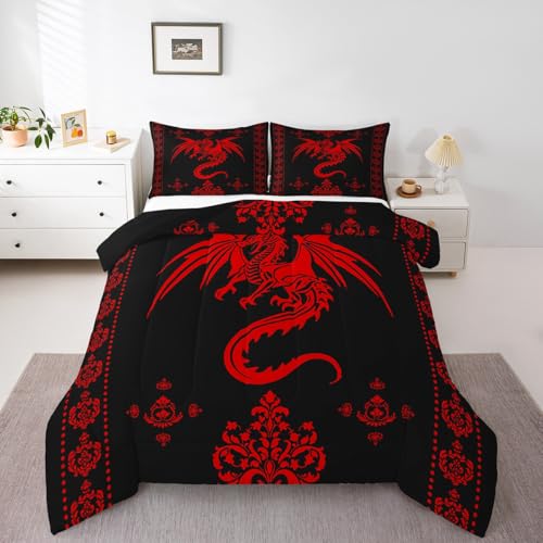 Image of Feelyou Dragon Bedding Set Kids Boys Teens Gothic Damask Paisley Floral Comforter Set King Size Women Bohemian Exotic Duvet Insert Animal Theme Room Decor,Red Black