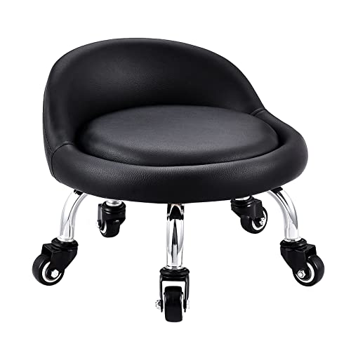 EBANKU Tabouret Bas avec Roues, Mini Tabouret à roulettes Pied Bas, Dossier Simili Cuir Siège Faible Métal Piétement, 360° Banc Rond en Cuir avec 5 Roues pour Le Bureau à Domicile ou Le Fitness(Noir)