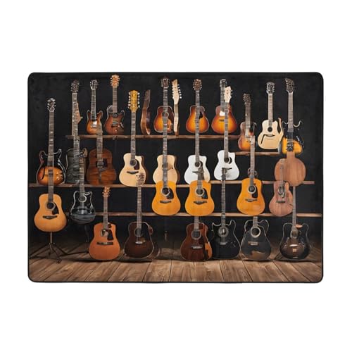 Guitar Bass Music Musical Instruments Print Living Room Anti Slip and Absorbent Carpet, Indoor Bedroom Bed Floor Mat, Ultra Soft Washable Carpet 80x58 in