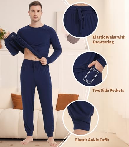 Image of NACHILA Mens Pajamas Set Long Sleeve Henley Sleepwear Top Soft Jogger Pants Pajamas Cool Pjs Set,Viscose Made from Bamboo