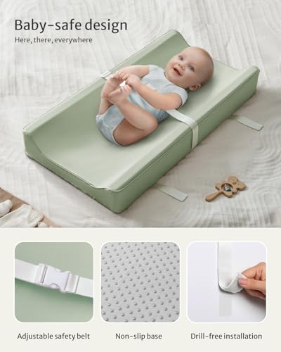 Image of Blissful Diary Vegan Leather Baby Changing Pad with Waterproof & Wipe-Clean PU Cover, Standard Size Cozy Diaper Changing Pad for Dresser and Table, Light Green
