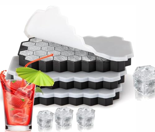Image of AIG Silicone Ice Cube Trays with Lids - 3 Pack Easy-Release Hexagon Ice Maker for Freezer, Reusable Food-Grade Ice Molds for Cocktail Bar, Whiskey, Iced Coffee & Home Kitchen (Black)