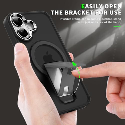 Image of DIZORO Compatible with iPhone 16 Case with Magsafe, Included Kick Stand, Non Yellow Military-Grade Drop Protection & Hard PC Back Cover Slim Matte Feel Anti-Scratch Shockproof Phone Case - Black