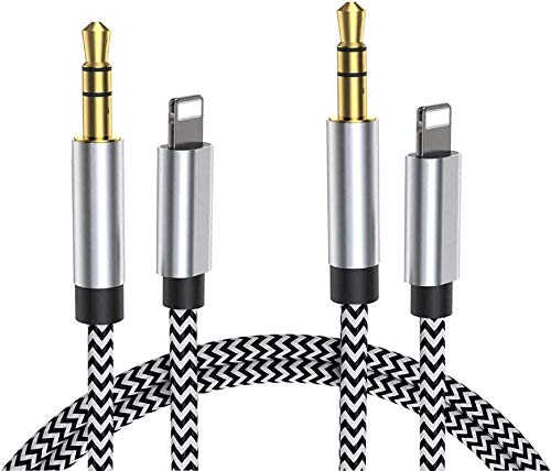 2 Pack [Apple MFi Certified] Aux Cord Compatible with iPhone 12 12 Pro 11 SE XS XR X 8 7 6, Lightning to 3.5mm Nylon Braided Aux Audio Cable to Car Home Stereo, Speaker, Headphone - Silver
