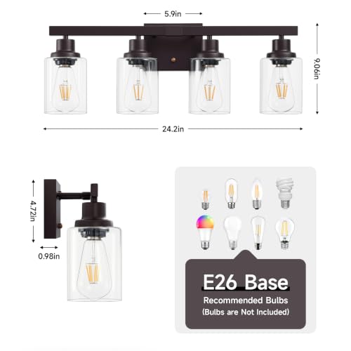 Image of Oil Rubbed Bronze Vanity Lights for Bathroom,4-Light 24 inch | Bathroom Light Fixtures,Modern Bronze Bathroom Lighting over Mirror,Clear Glass Shades,over Sink