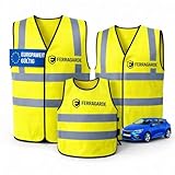 Ferragarde Warnwesten Auto Familien-Set – Premium 3er Set (2 Erwachsene + 1 Kinderweste) 2026 Update EN ISO 20471 Warnweste Auto – Europaweit gültig – Sicherheitswesten Set für PKW