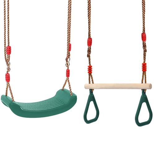 REDCAMP Schaukelgarnitur, Kinderschaukel Outdoor Indoor und Trapeze Schaukel mit Gymnastics Rings, Wetterfester Garten Schaukelsitz mit höhenverstellbarem Schaukelseil, Grün