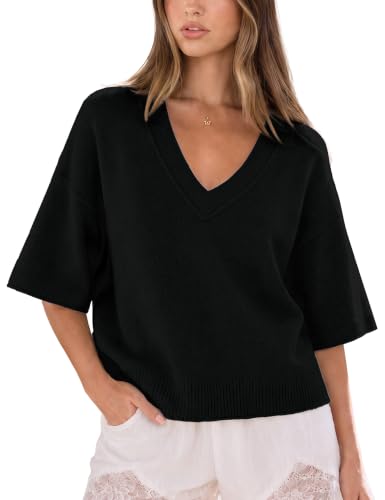 Image of FAlABLE Womens Short Sleeve Sweater Cropped V Neck Sweaters Oversized Summer Knit Top Trendy Pullover Lightweight Casual