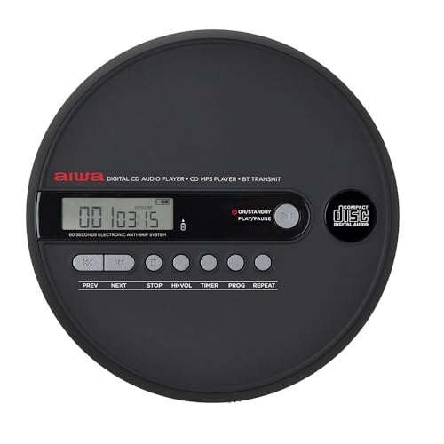 AIWA PCD-1000BT - Reproductor de CD portátil para Reproducir Discos CD/CD-R/RW/MP3, antichoque, Bluetooth transmisor y con baterías Recargables. Color Negro