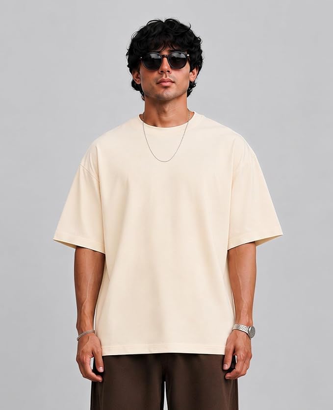 Image of Men's 240 GSM Cotton Oversized Tee - Heavyweight Bio-Washed Fabric | Premium Street Style | Super Soft, Thick & Breathable T-Shirt