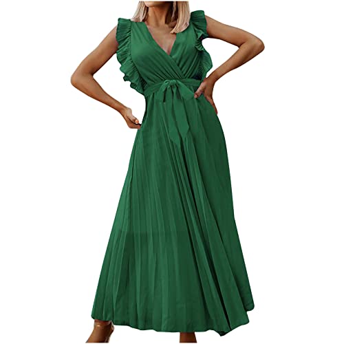 yoeyez Womens Chiffon Pleated Dress Solid Color V-Neck Cross Split Sleeveless Gown Dress Casual Summer Knee-Length Maxi Dress