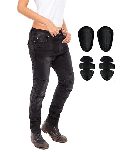 Skylinewears Women's Reinforced Motorcycle Riding Jeans Biker Racing Pants with Aramid Lining and Removable Padding Uggly Black 38-31