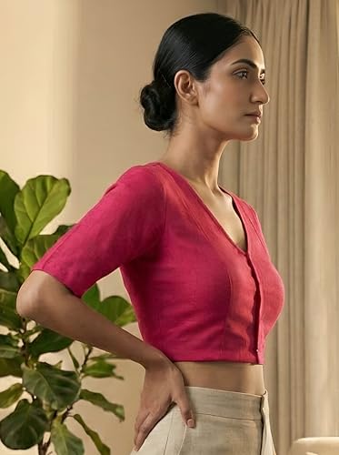 Image of Yash Gallery Women's Stretchable Rayon Lycra V-Neck Short Sleeve Front Open with Hook Stylish Crop Blouse Top for Ethnic Beige Designer Festive Choli Blouse