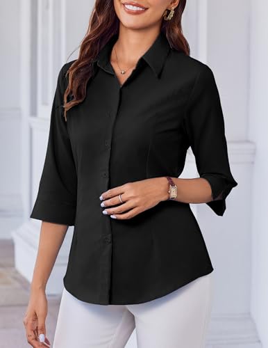 HOTOUCH Women Button Down Shirts 3/4 Sleeve Basic Business Dress Shirt Slim Fitted Classic V Neck Button Up Work Blouse Tops4