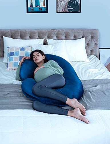 Image of C-Shaped Sleeping Pregnancy Pillow| Removable Washable Velvet Cover with Zipper| PregnoCare Fibre| Maternity, Nursing| Full Body Soft Support Bump, Head, Back, Shoulder, Hip, Legs & Belly (Royal Blue)