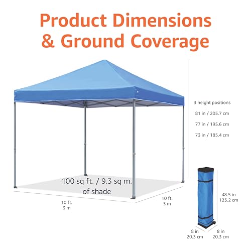 Image of Amazon Basics Outdoor Pop Up 10 x 10 Canopy Tent for Events, Portable with Easy Setup, Sun Shelter for Outdoor Activities, Includes Wheeled Carry Bag, 8 Pegs, 4 Ropes, 4 Weighted Bags, Blue