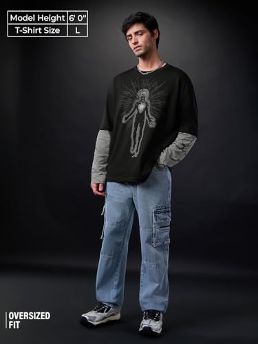 Image of The Souled Store Official Stranger Things: Vecna Men and Boys Long Sleeves Round Neck Black Graphic Printed Casual Drop Shoulder Lightweight Cotton Oversized Full Sleeve T-Shirts