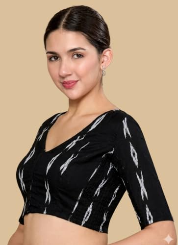 Image of Studio Shringaar Women Cotton Ikat Stretchable (Smocked) Readymade Elbow Length Sleeve Saree Blouse