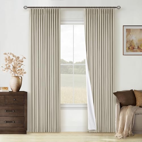 Oatmeal Beige Pinch Pleated 100% Black Out Linen Curtains 84 Inch Length