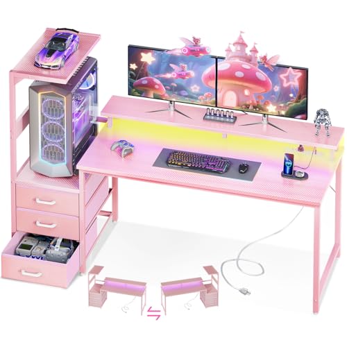 Image of AODK 59 Inch Gaming Desk with USB Charging Ports & LED Light- Reversible Computer Desk with Storage Shelves & Monitor Stand, Modern Gamer Desk Table with Fabric Drawers, Pink