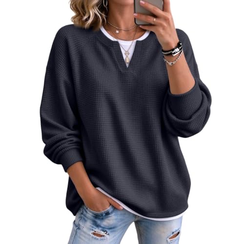Waffle Tops for Women V Neck Faux Layered Waffle Henley Shirts for Women | Waffle Knit, Fall Winter, Retro Classic, Drop Shoulder, Relaxed Fit, Non‑Bulky, Soft, Long Sleeve, Thermal Warm - image 1