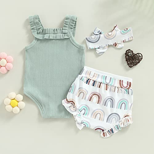Newborn Baby Girl Summer Outfits Ribbed Sleeveless Romper Bodysuit Top And Ruffle Shorts Headband Clothes Sets (Green Rainbow, 12-18 Months) #TOP3