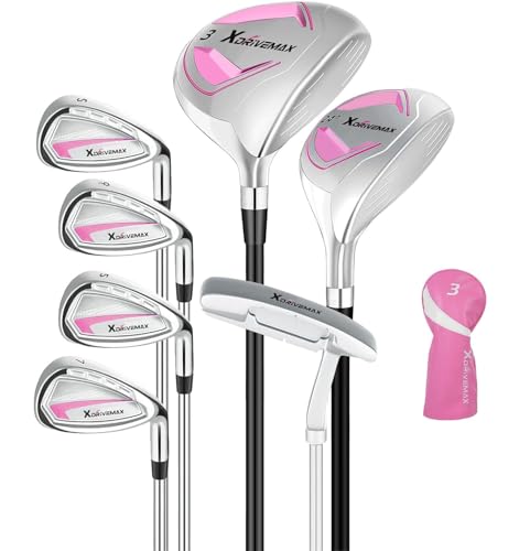 XDriveMax 7-Piece Womens Complete Golf Clubs Set (Clubs Only) Advanced Performance Set with 460cc Driver Fairway Wood Hybrid Irons and Putter Regular Flex (No Golf Bag Included) Left Pink