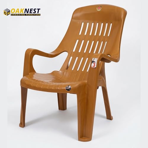 Image of Oaknest Unboxing Furniture Celloo Premium Plastic Relaxing Chair with Armrests | Ergonomic High-Back Lounge Seating for Home, Garden & Balcony (Sandalwood), Count of 2