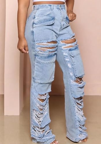 Unybwonn Ripped Jeans Womens High Waisted Distressed Boyfriends Denim Pants Straight Leg Baggy Slim Fit Cargo Pants3