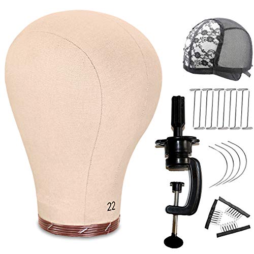 JMHAIR Wig Head With Stand for Making Wigs Block Head, Cork Canvas Head Styling Display Wig Stand Clamp With Mannequin Head (22INCH)
