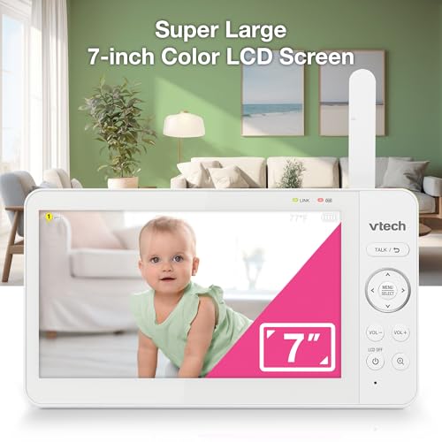 Image of VTech Baby Monitor No WiFi, 7 inch IPS Screen, 5000mAh 12Hr Battery, 360 Pan Tilt Zoom, Night Vision, Multi-Color Night Light, 2-Way Talk| Advanced Max Green