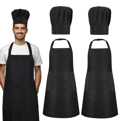 XLSXEXCL 2 Pack Chef Apron and Hat, Adjustable High Cooking Apron Waterproof Kitchen Baking Apron with Two Pockets and Elastic Chef's Hat Set for Women Men Father's Mother's Christmas Gift(Black)