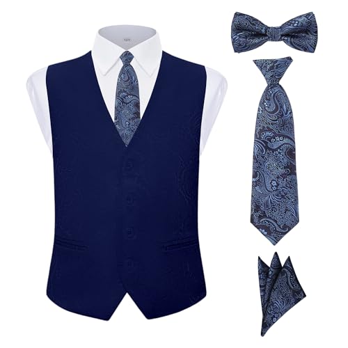 Boys Vest 4 Piece Paisley Boy Suit Vests Set for Kids Jacquard Waistcoat with Bowtie, Necktie, Pocket Square