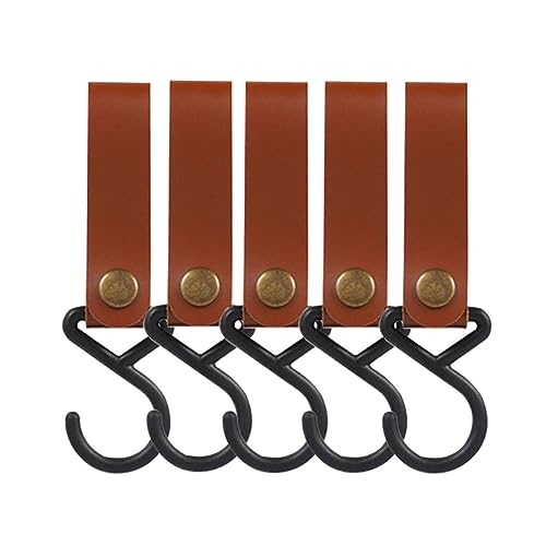 Sdjdhej Leather Straps with Hooks 5Pcs - Durable Storage Solution for Kitchen, Bathroom, Bedroom, Office, and Outdoor Use (Dark Brown)