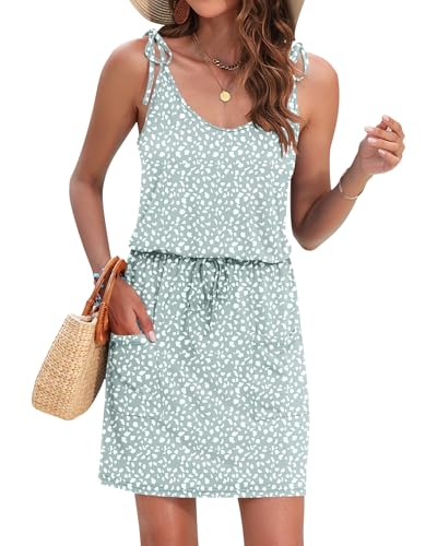 Image of AUSELILY Womens Summer Dresses Sleeveless Spaghetti Strap Beach Cover up Drawstring Waist Mini Short Dress with Pockets