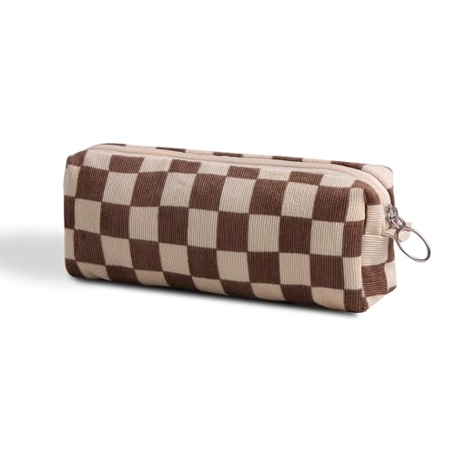 Image of Pencil Case Pen Case Office College School Storage Bag Pouch Holder Box Organizer Makeup Pouch Cosmetic Bag Aesthetic floral flower Cute Pencil Case for Girls Boys Kids (Checkered brown)