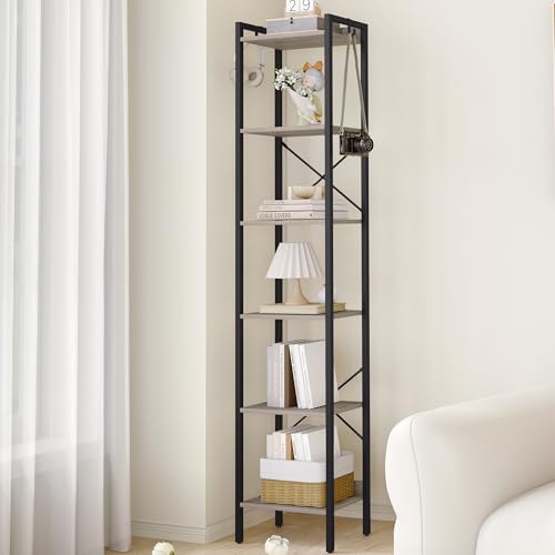 Hzuaneri Bookshelf, Book Shelf, Industrial Bookcase with 2 Hooks, Coner Shelf Storage Organizer for Home Office, Living Room, Bedroom, Kitchen, 6-Tier Greige BC10705B