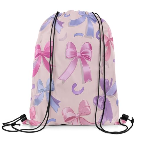 jejeloiu Pink Purple Bowknot Drawstring Backpack 13"x15.7" Silk Fabric Bowknot Bowknot Gym String Bag Adult Beautiful Bowknot Drawstring Bags Cute Waterproof Cinch Bag3