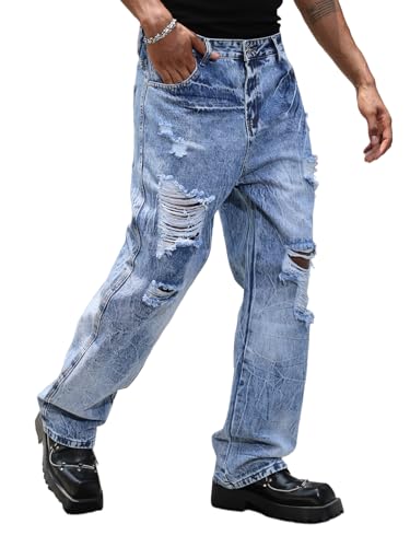 Mens Straight Leg Jeans Fashion Baggy Wide Leg Loose Fit Y2K Hip Hop Streetwear Denim Pants Aqua Blue